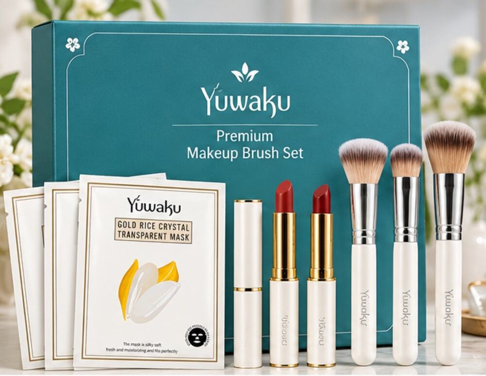 Yuwaku 8-Piece Makeup Gift Set Lipsticks Brushes & Face Masks – White